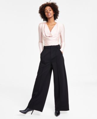 Shop Bar Iii Womens Cowlneck Bodysuit Wide Leg Ponte Pants Created For Macys In Deep Black