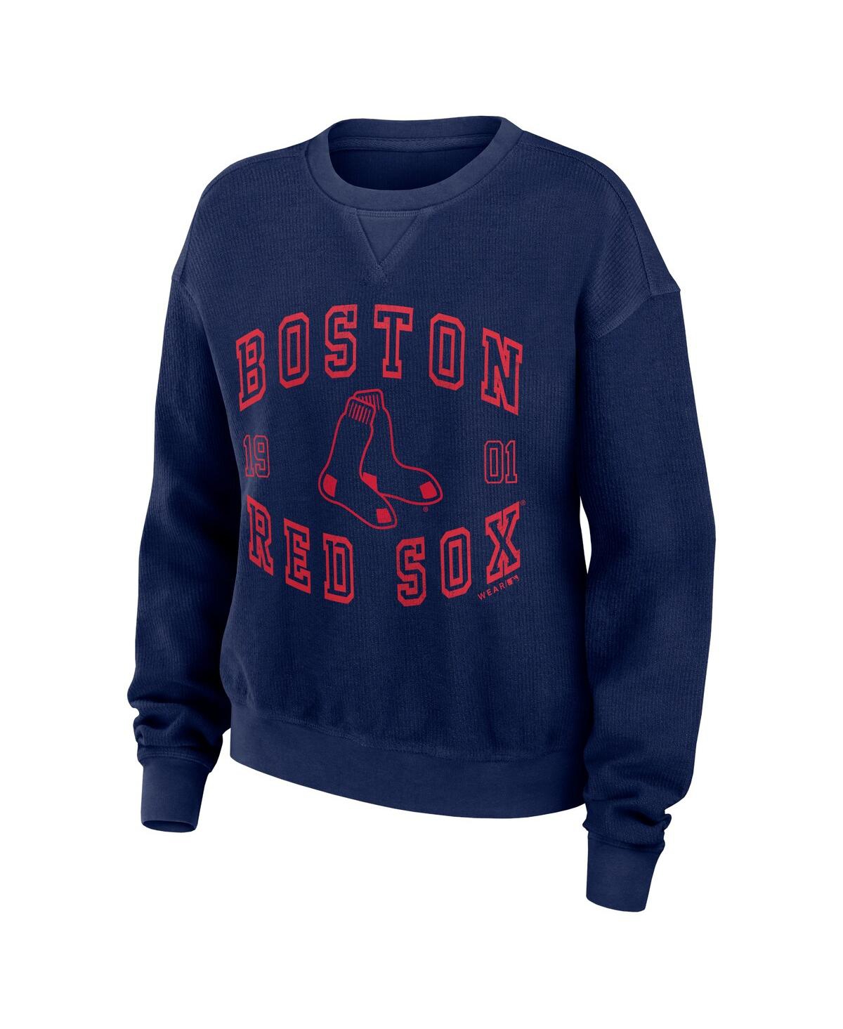 Shop Wear By Erin Andrews Women's  Navy Distressed Boston Red Sox Vintage-like Cord Pullover Sweatshirt