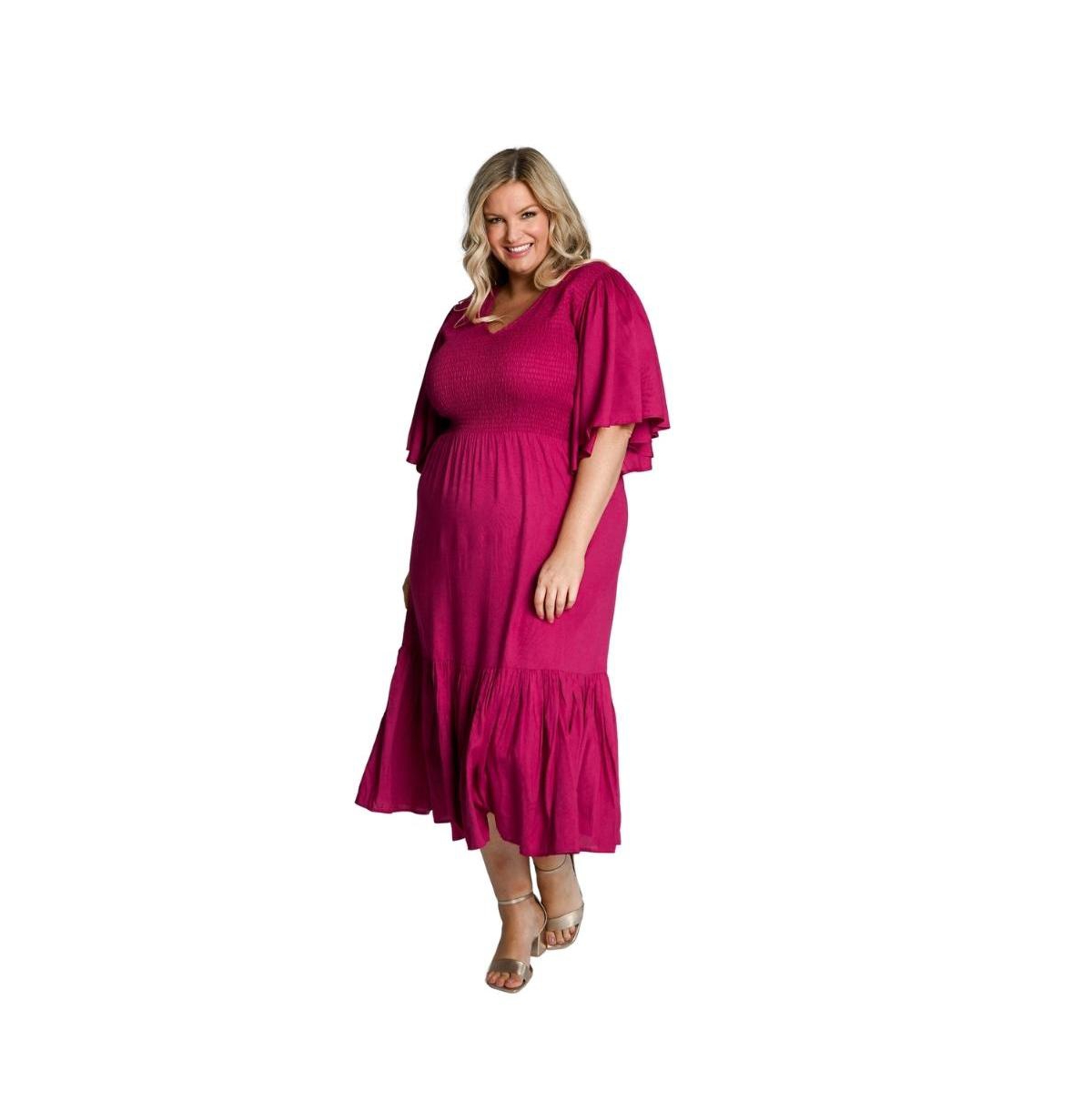Plus Size Flutter Sleeve Smocked Cleo Midi Dress - French plum