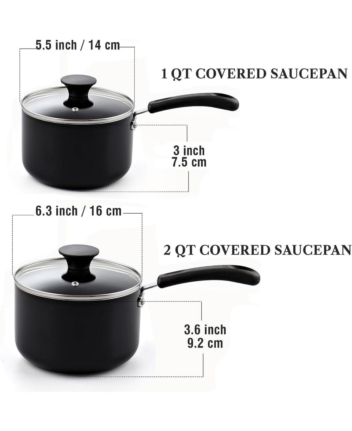 Cook N Home Nonstick Saucepan set, 1Qt and 2Qt with glass lid,- Black