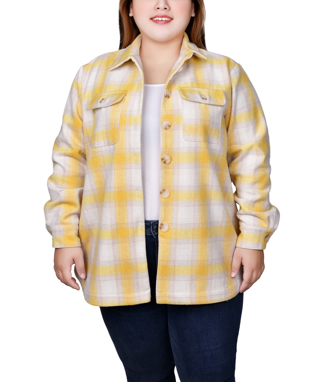 Shop Ny Collection Plus Size Long Sleeve Twill Shirt Jacket In Yellow White Plaid