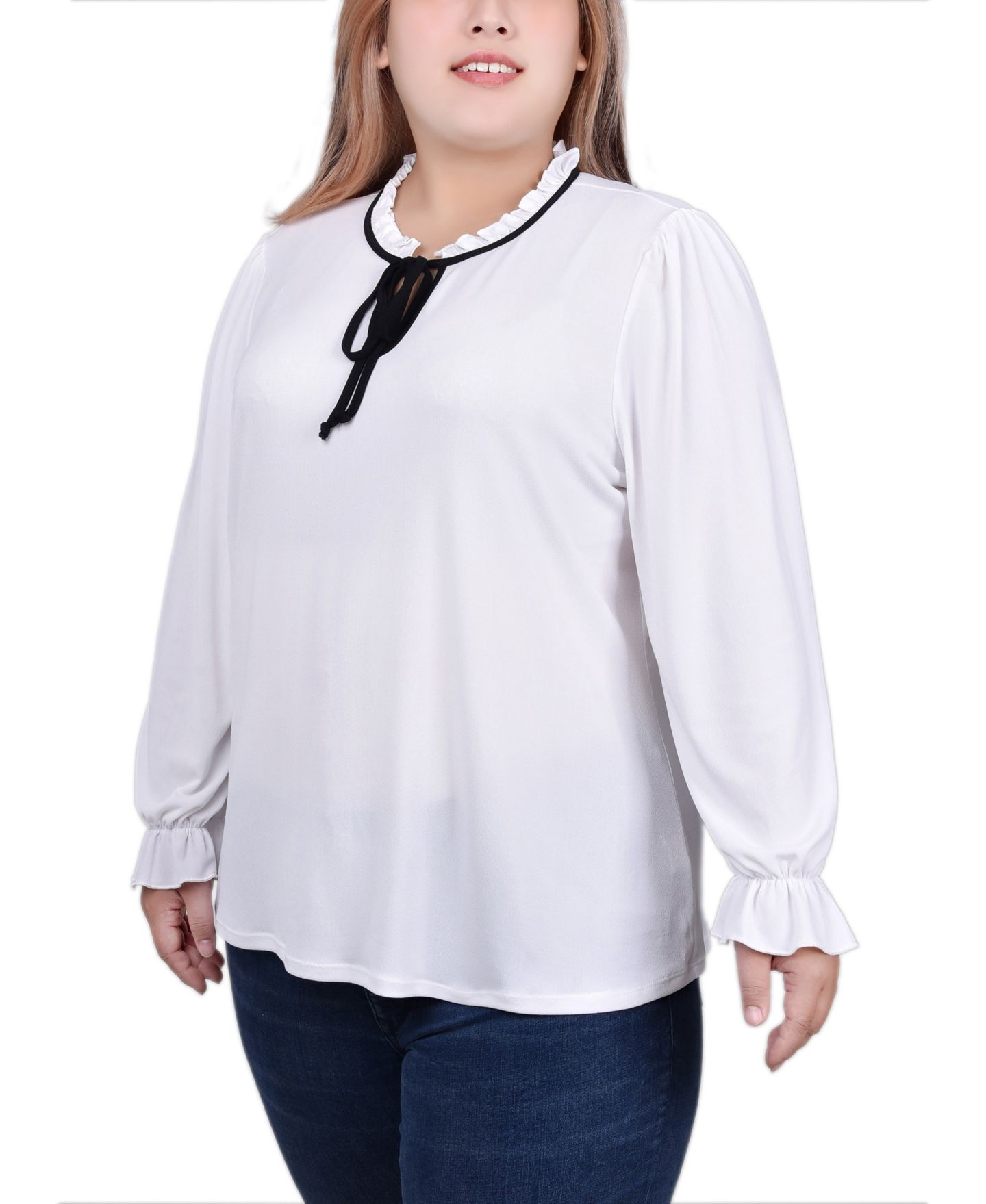 Женский топ NY Collection Plus Size Long Sleeve Tie Neck, цвет: Белый чёрный — фото 3