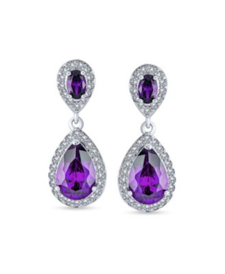 Pave CZ Halo Pear Shaped Teardrop Drop Statement Earrings Silver Plated Brass