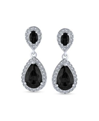 Pave CZ Halo Pear Shaped Teardrop Drop Statement Earrings Silver Plated Brass