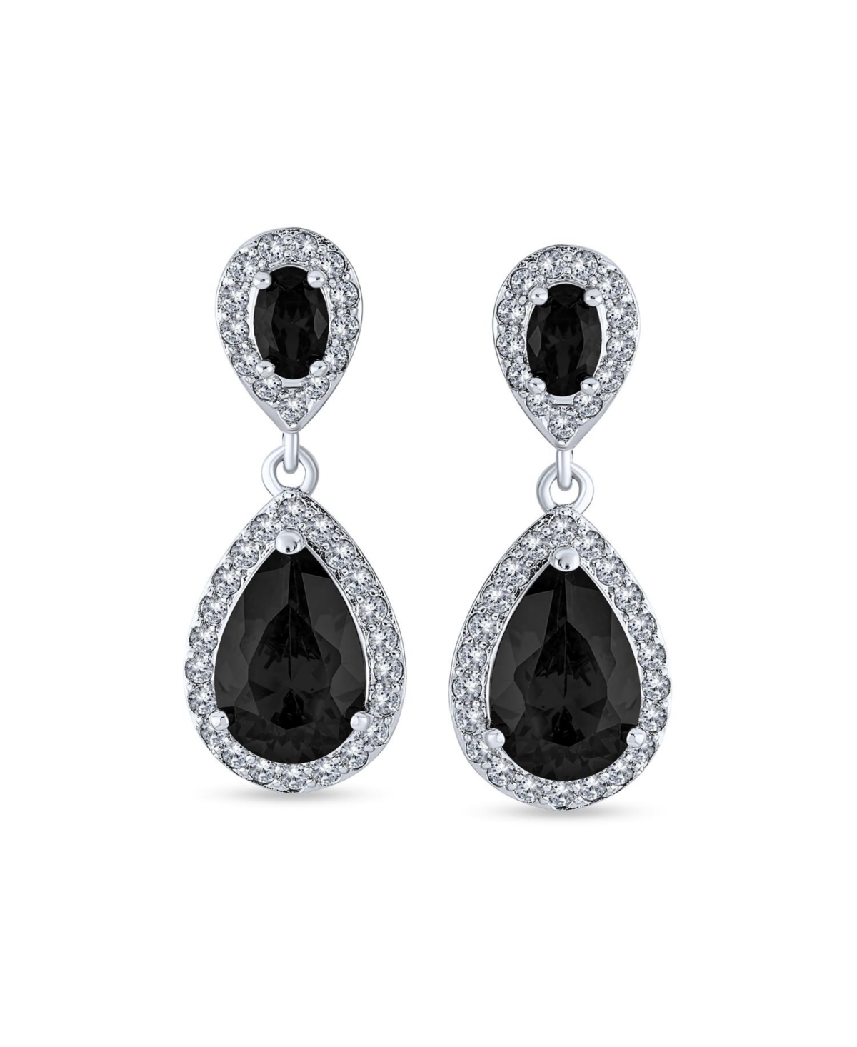 Fashion Pave Cz HaloPear Shaped Teardrop Drop Statement Earrings For Women Prom Rhodium Plated Brass - Black