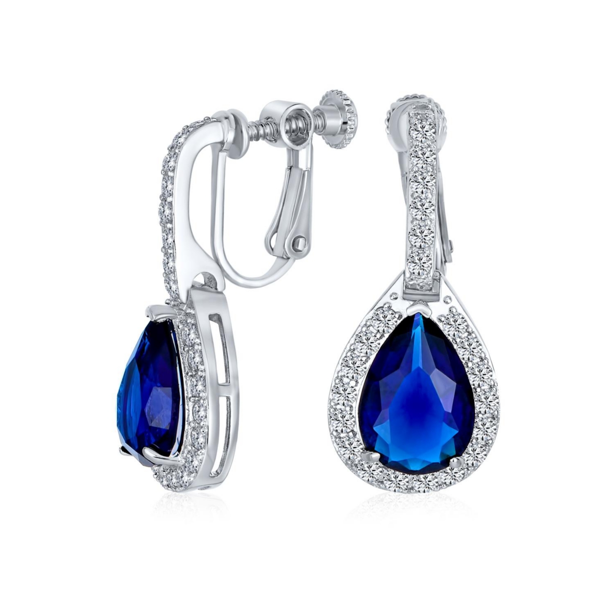 Bling Jewelry 7CT Style Halo Royal Blue Cubic Zirconia Cz Dangle Drop Teardrop Screw Back Clip On Earrings Rhodium Plated - Blue sept