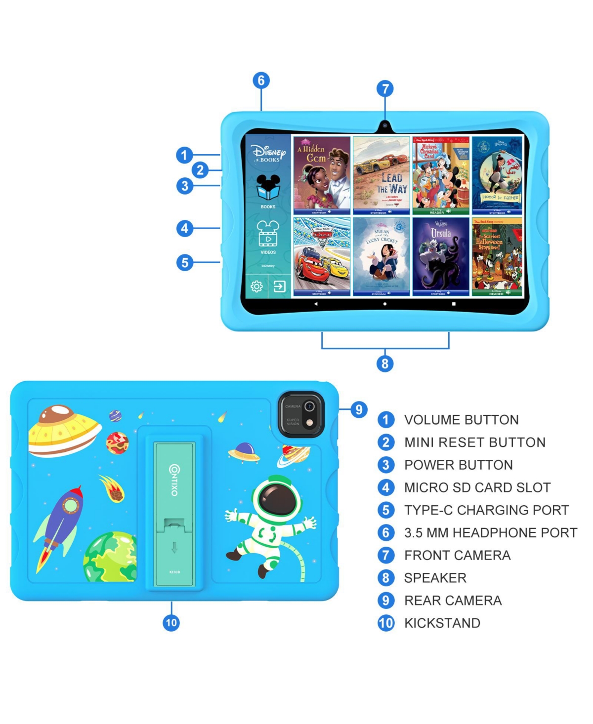 Contixo K103A Kids Tablet 80 Disney E-Books Hd 10” 64GB, 4GB Ram, Octa-Core 2.0GHz Cpu Android Tablets, Dual Camera 8 Mp Back & 2 Mp front, Blu