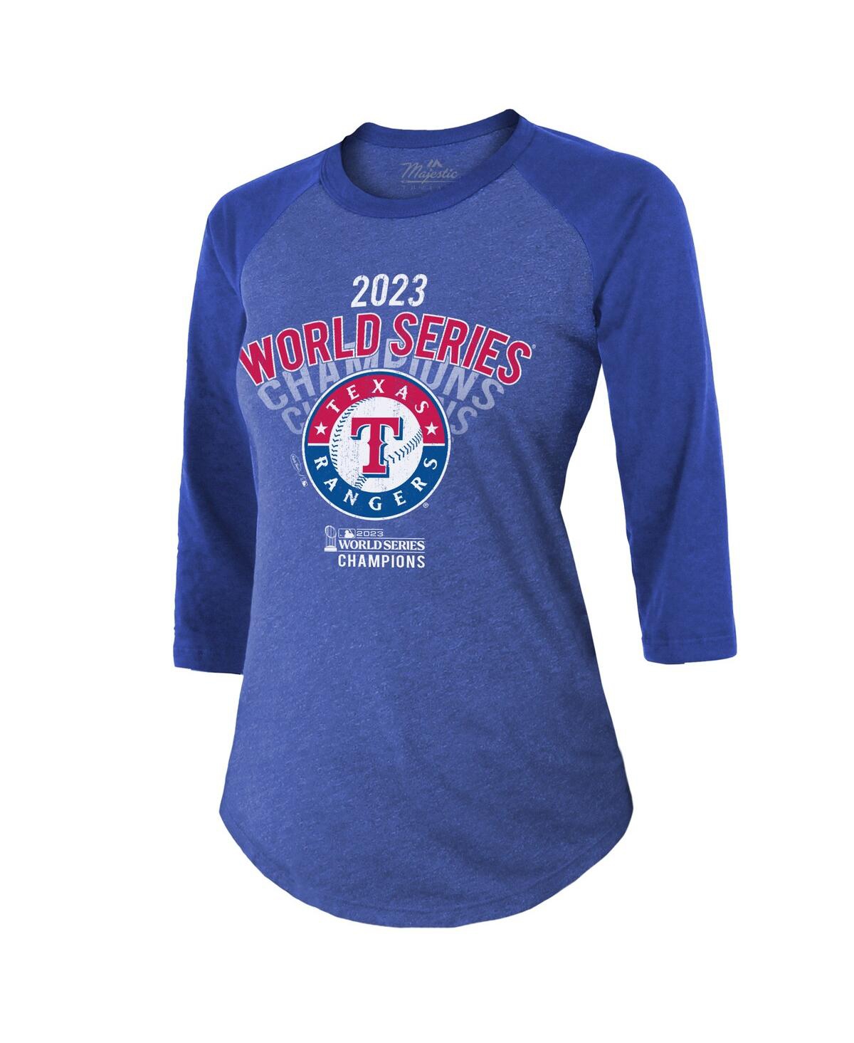 Women's Majestic ThreadsTexas Rangers 2023 World Series Champions Out of this World Raglan 3/4-Sleeve Tri-Blend T-shirt - Royal