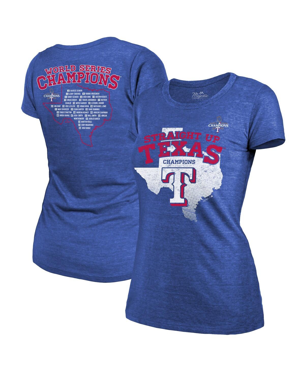 Women's Majestic Threads Royal Texas Rangers 2023 World Series Champions Local Ground Rules Roster Tri-Blend T-shirt - Royal
