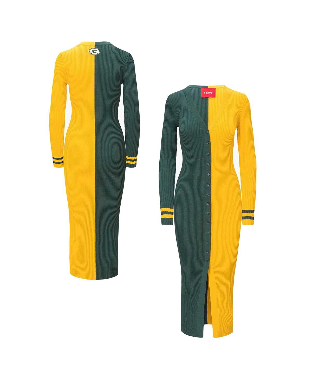 Women's Staud Green, Gold Green Bay Packers Shoko Knit Button-Up Sweater Dress - Green, Gold