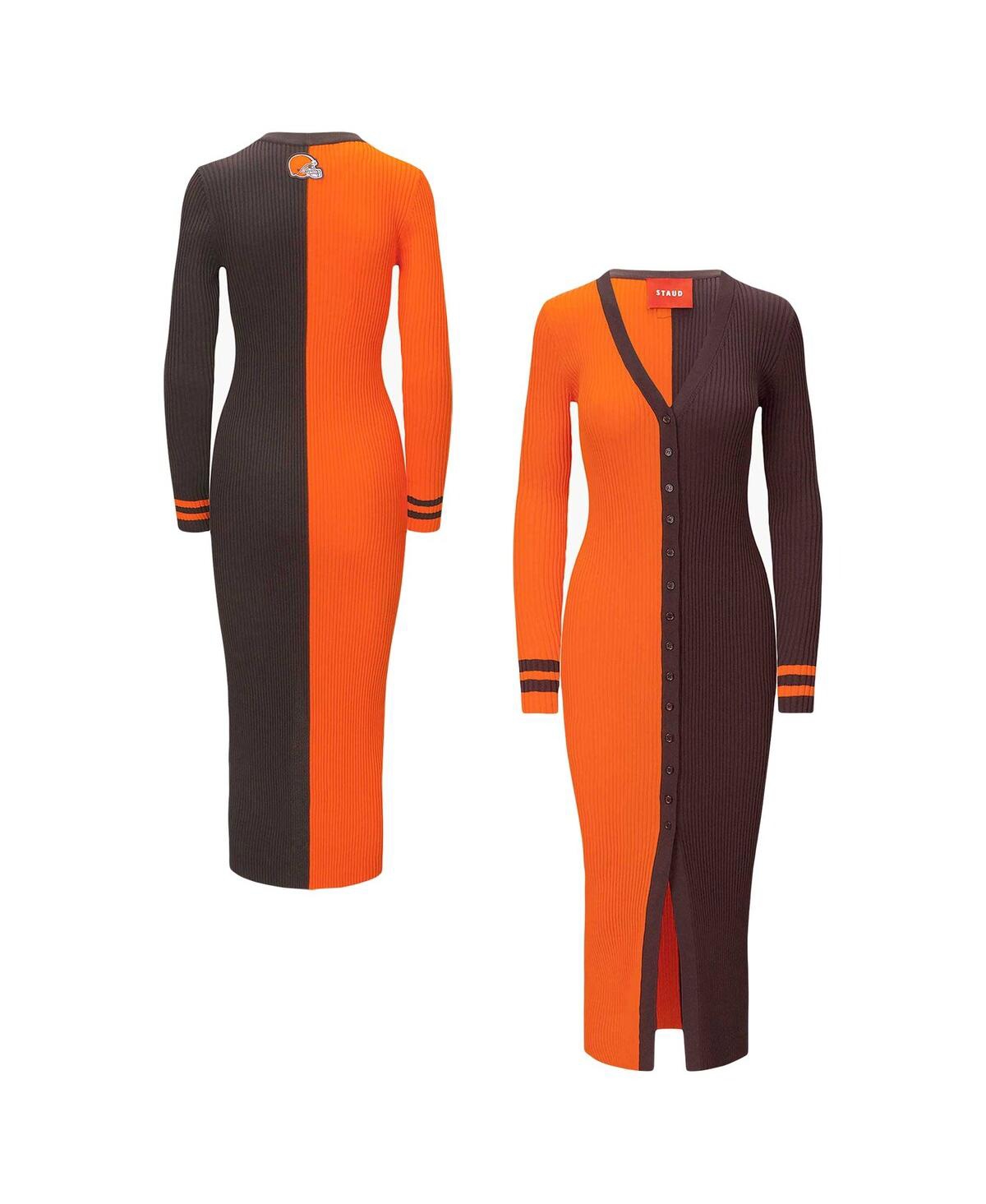 Women's Staud Orange, Brown Cleveland Browns Shoko Knit Button-Up Sweater Dress - Orange, Brown