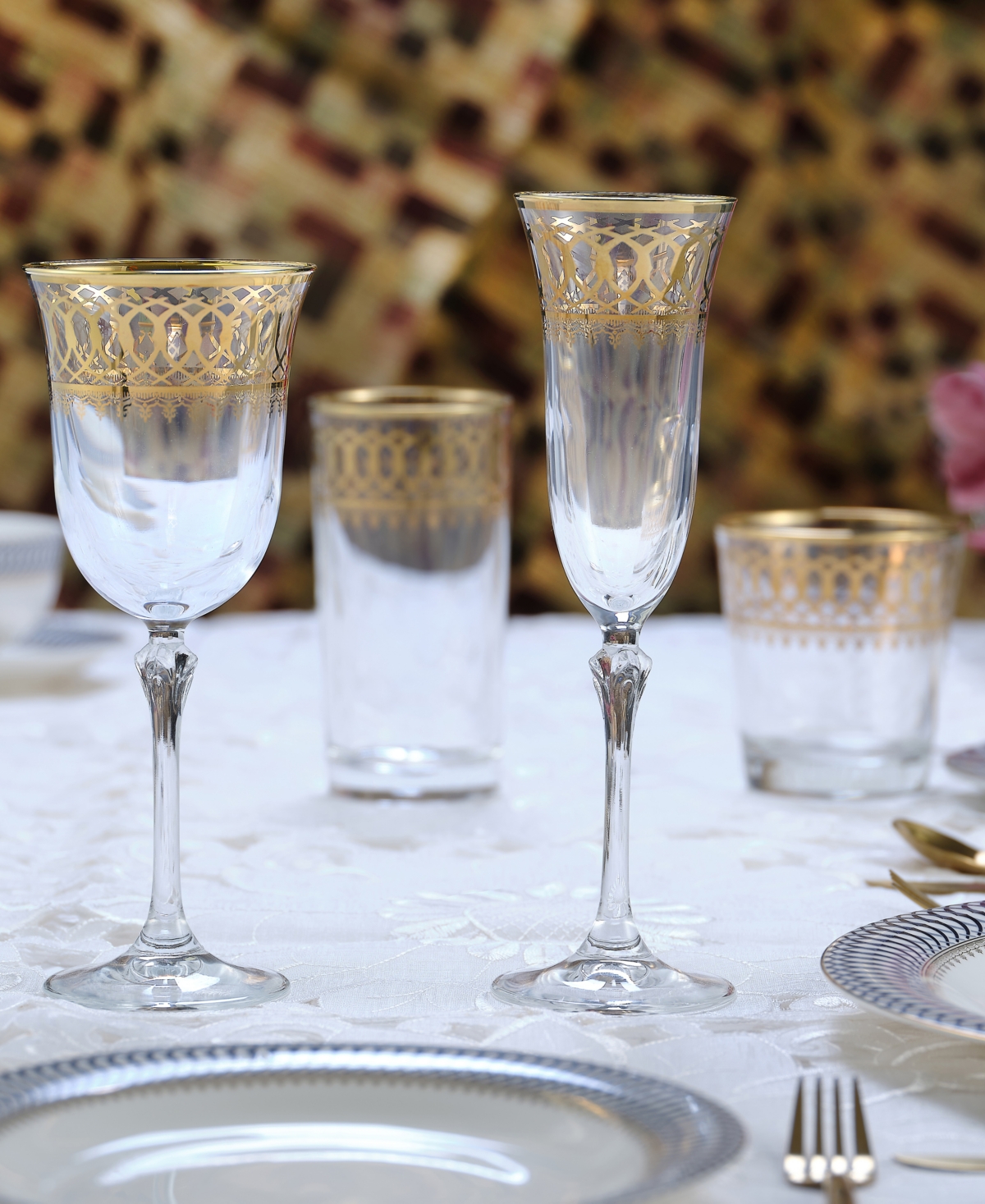 Lorren Home TrendsTone Embellished Champagne Flutes withTone Rings, Set of 4 - Gold