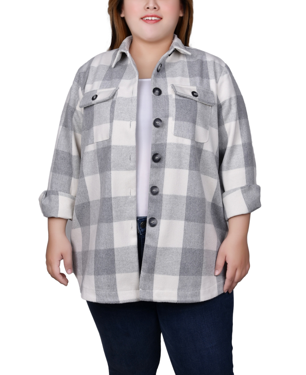 Ny Collection Plus Size Long Sleeve Twill Shirt Jacket In Gray White Plaid