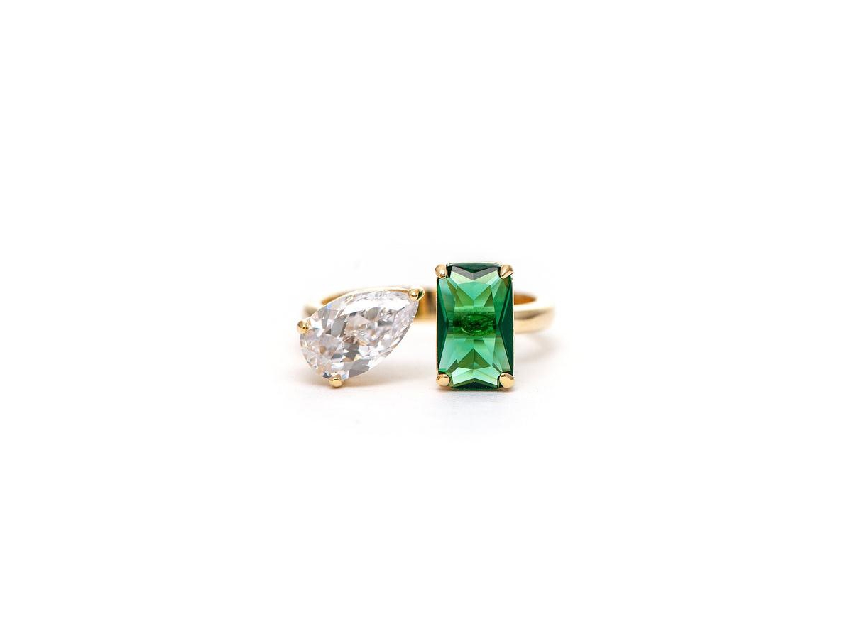 Emerald Crystal + Cubic Zirconia Open Band Ring - Gold with green + clear cz