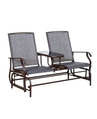 2-Person Outdoor Glider Bench w/ Center Table, Steel Frame for Backyard Garden Porch, Gray
