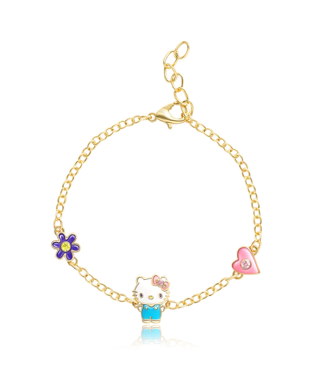 Sanrio Hello Kitty and Friends Womens 18kt Gold Plated Bracelet with Flower and Heart Charm Pendants, 6.5 + 1", Officially Licensed - Gold tone, blue