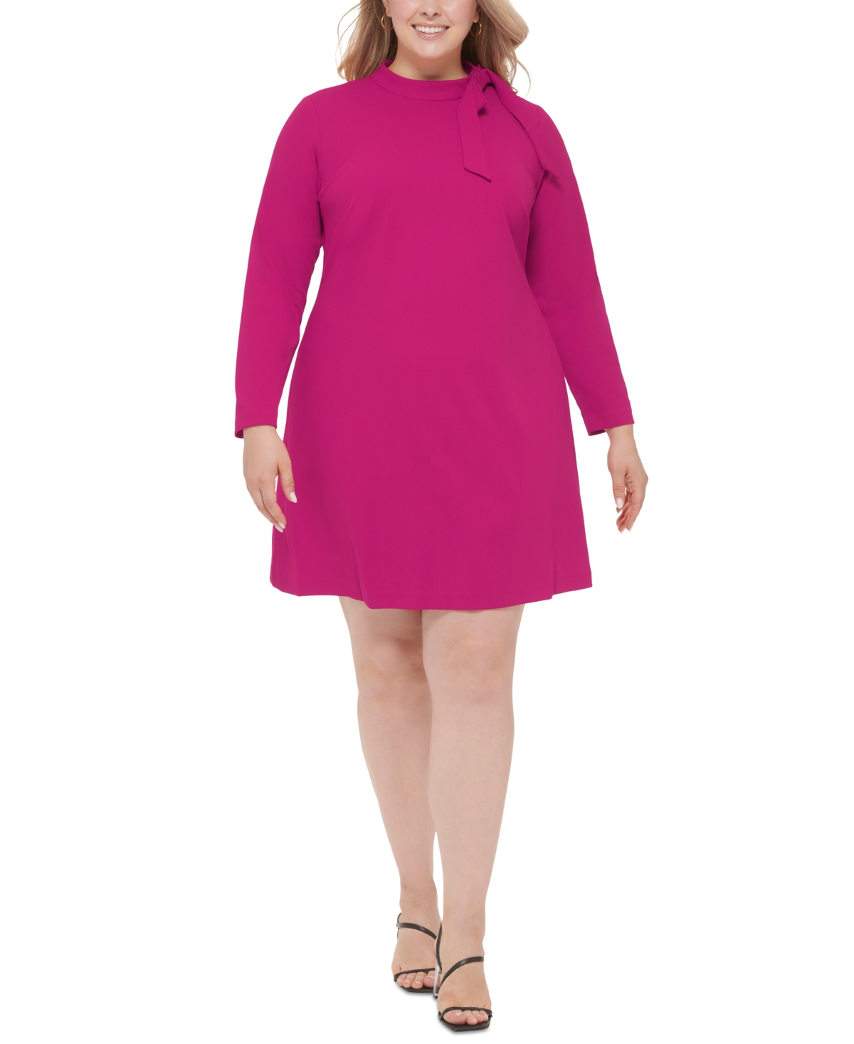 Calvin Klein Plus Size Bow-neck Long-sleeve Swing Dress In Boysenberry