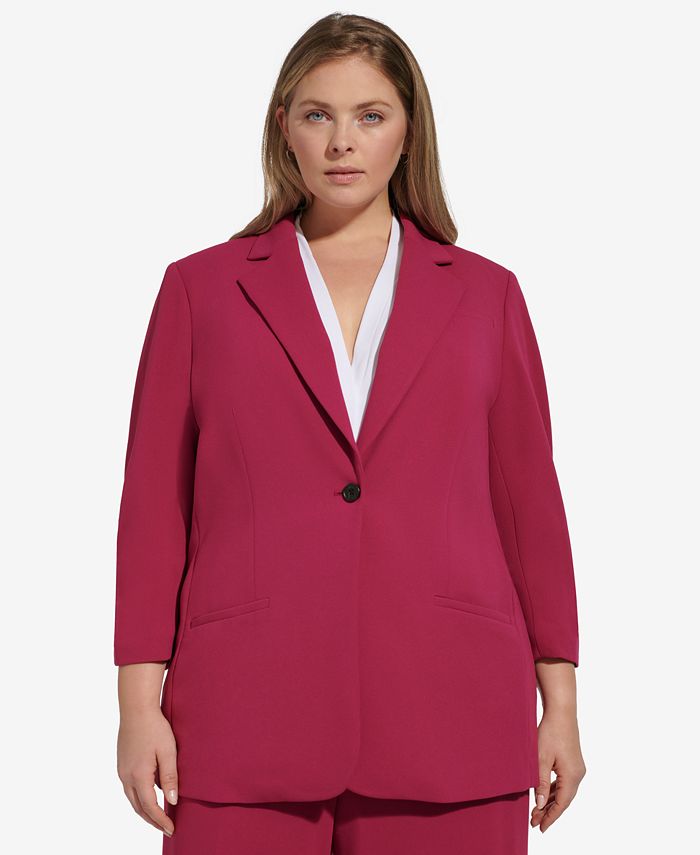 Calvin Klein Plus Size Scuba-Crepe One-Button Ruched-Sleeve Jacket - Macy's