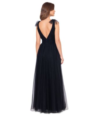 Betsy & Adam Women's High-Low Formal Gown - Sleeveless V-Neck With Ruffle Detail, Fitted Silhouette For Weddings