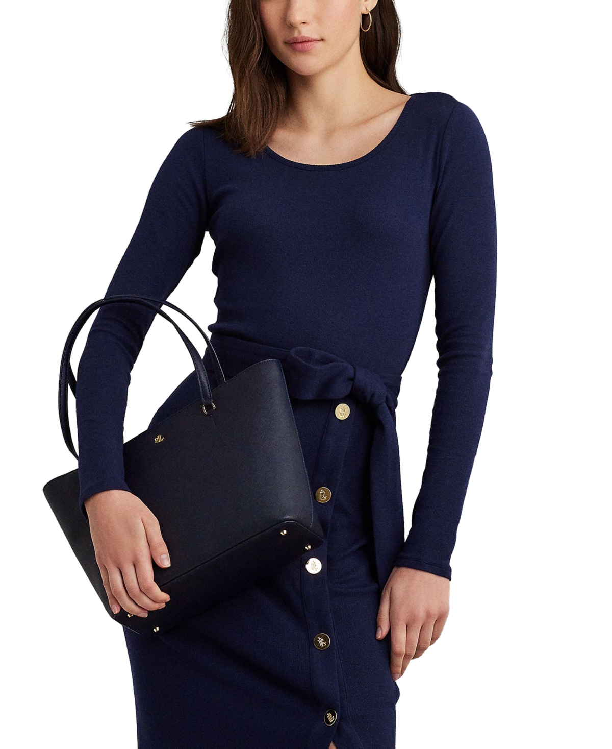 Ralph Lauren Crosshatch Leather Medium Karly Shopper Tote In Navy