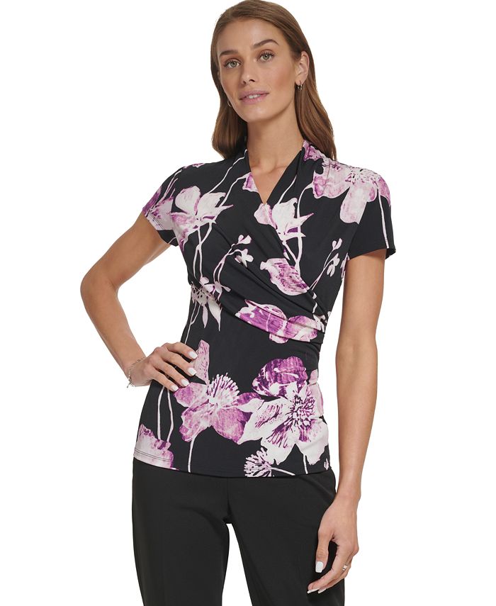DKNY Petite Floral Side-Ruched Faux-Wrap Top - Macy's