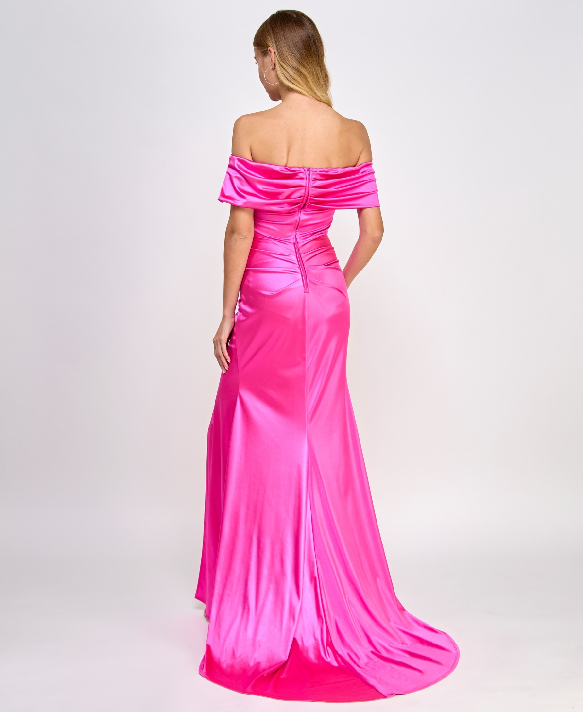 Shop B Darlin Juniors' Satin Ruched Off-the-shoulder Gown In Hot Pink