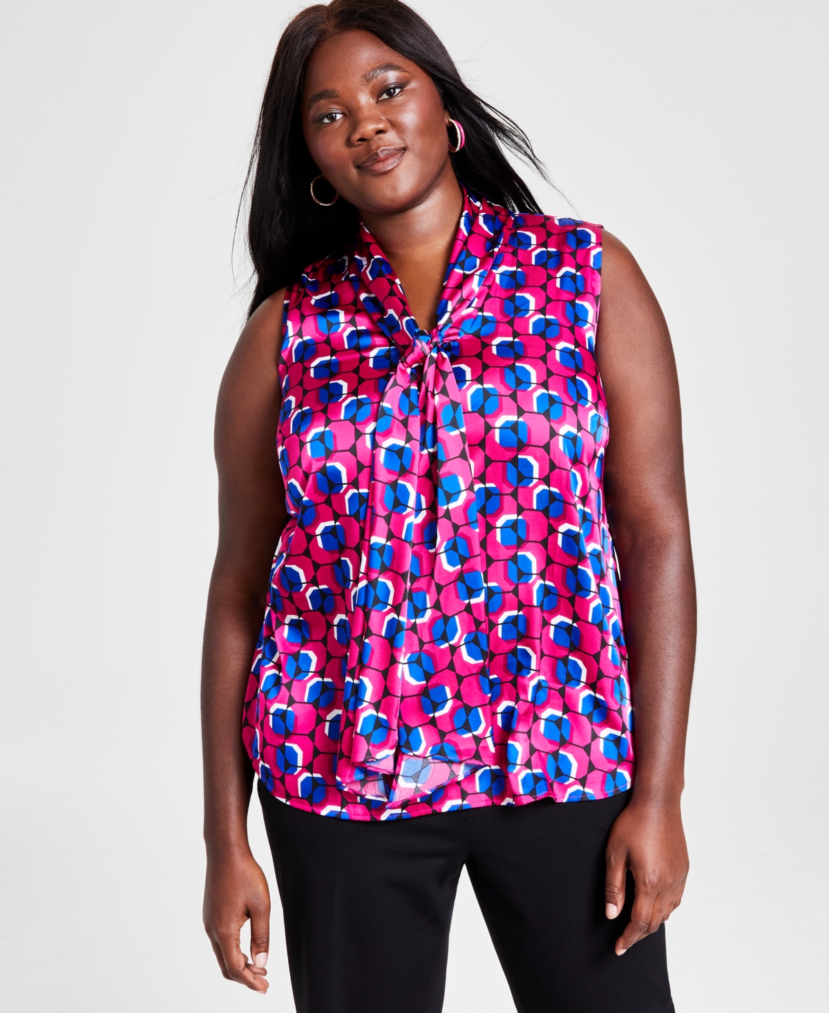 Plus Size Geo-Print Bow-Neck Sleeveless Blouse, Created for Macy's - Jazz Berry Multi