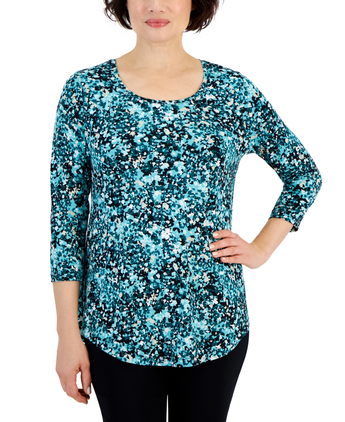 Jm Collection Women's Scoop Neck 3/4 Sleeve Printed Knit Top, Created For Macy's In Teal Evergreen Combo