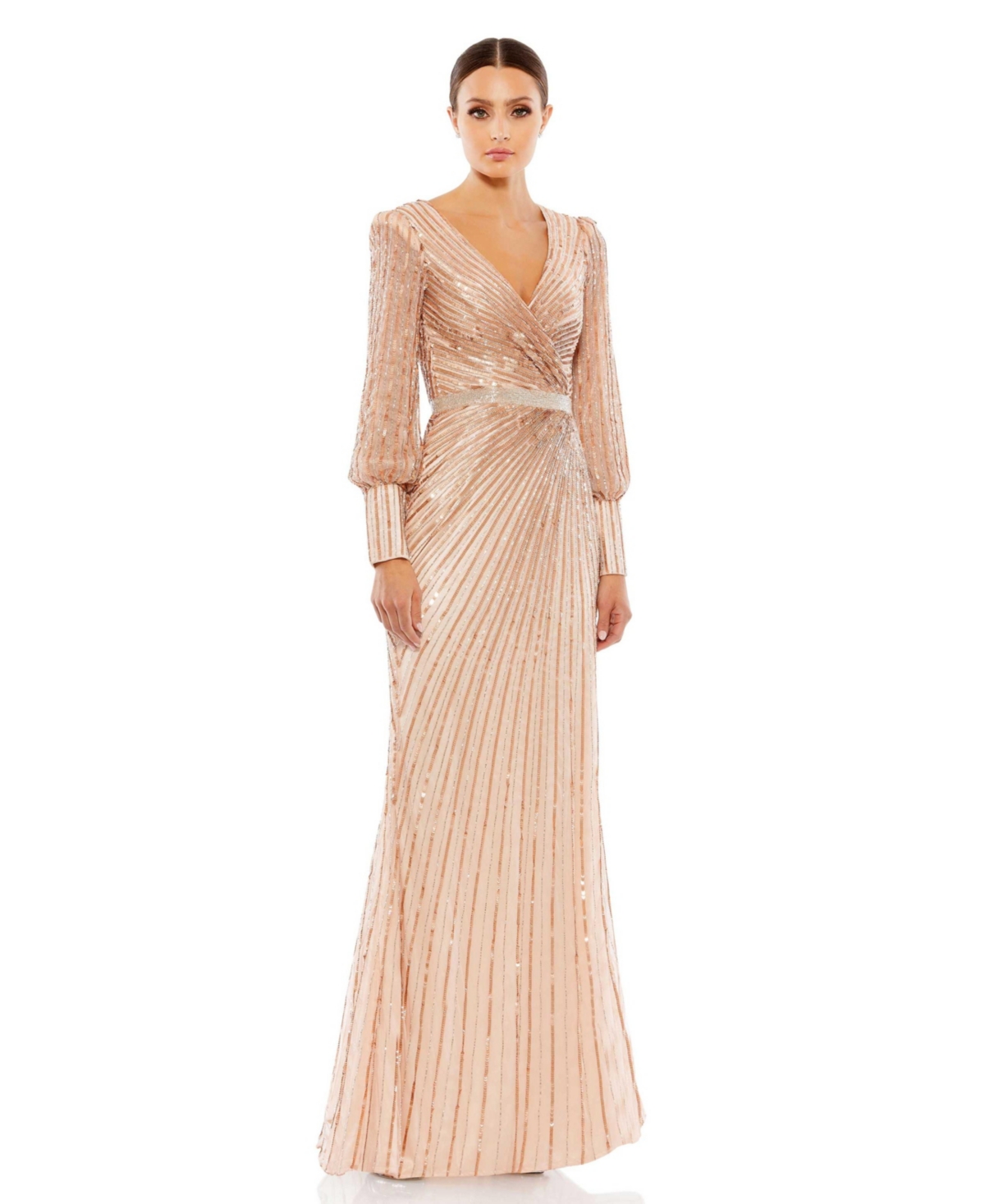 Women's Sequined Wrap Over Bishop Sleeve Gown - Midnight