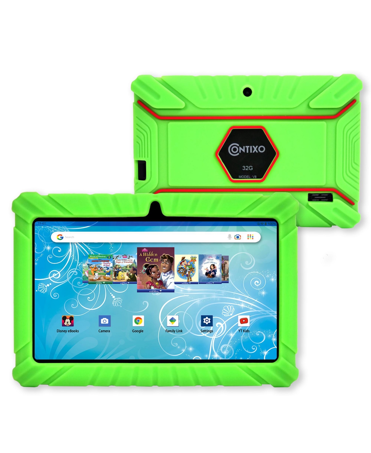 Contixo 7a V8-2 Kids Android 11 Bluetooth Wi-fi Pro Hd Tablet 32gb Featuring 50 Disney Ebooks With 2mp Dual  In Green