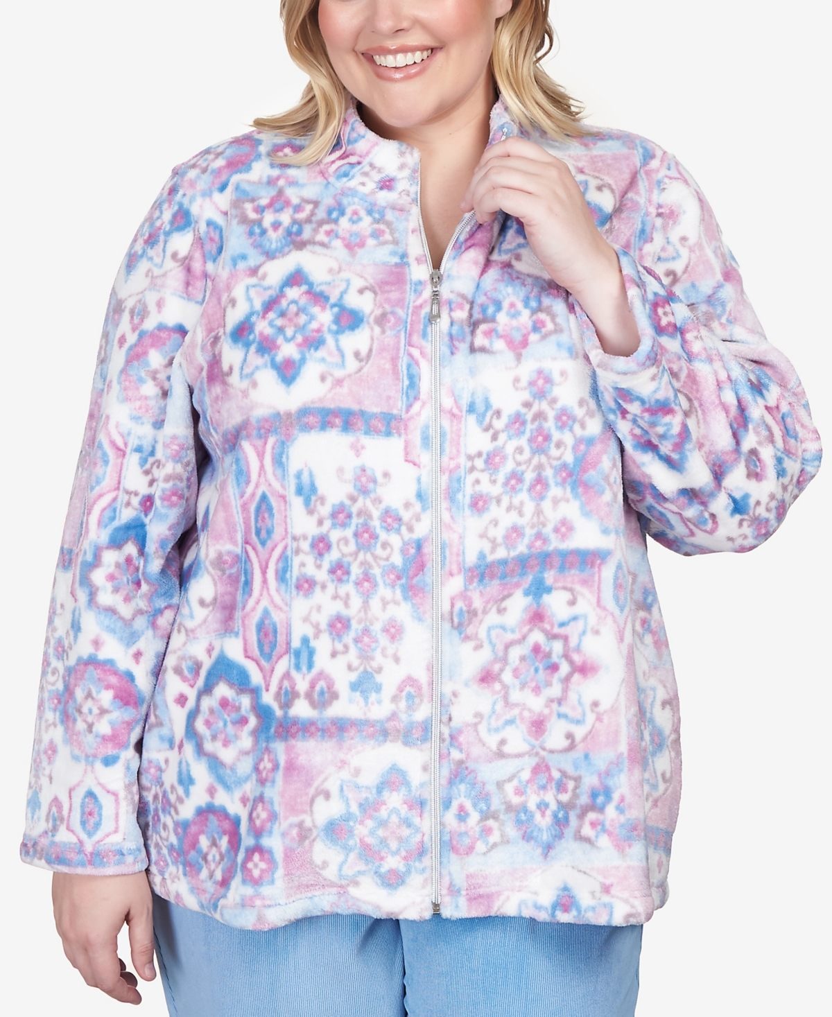 Alfred Dunner Plus Size Swiss Chalet Cozy Plush Medallion Jacket In Multi
