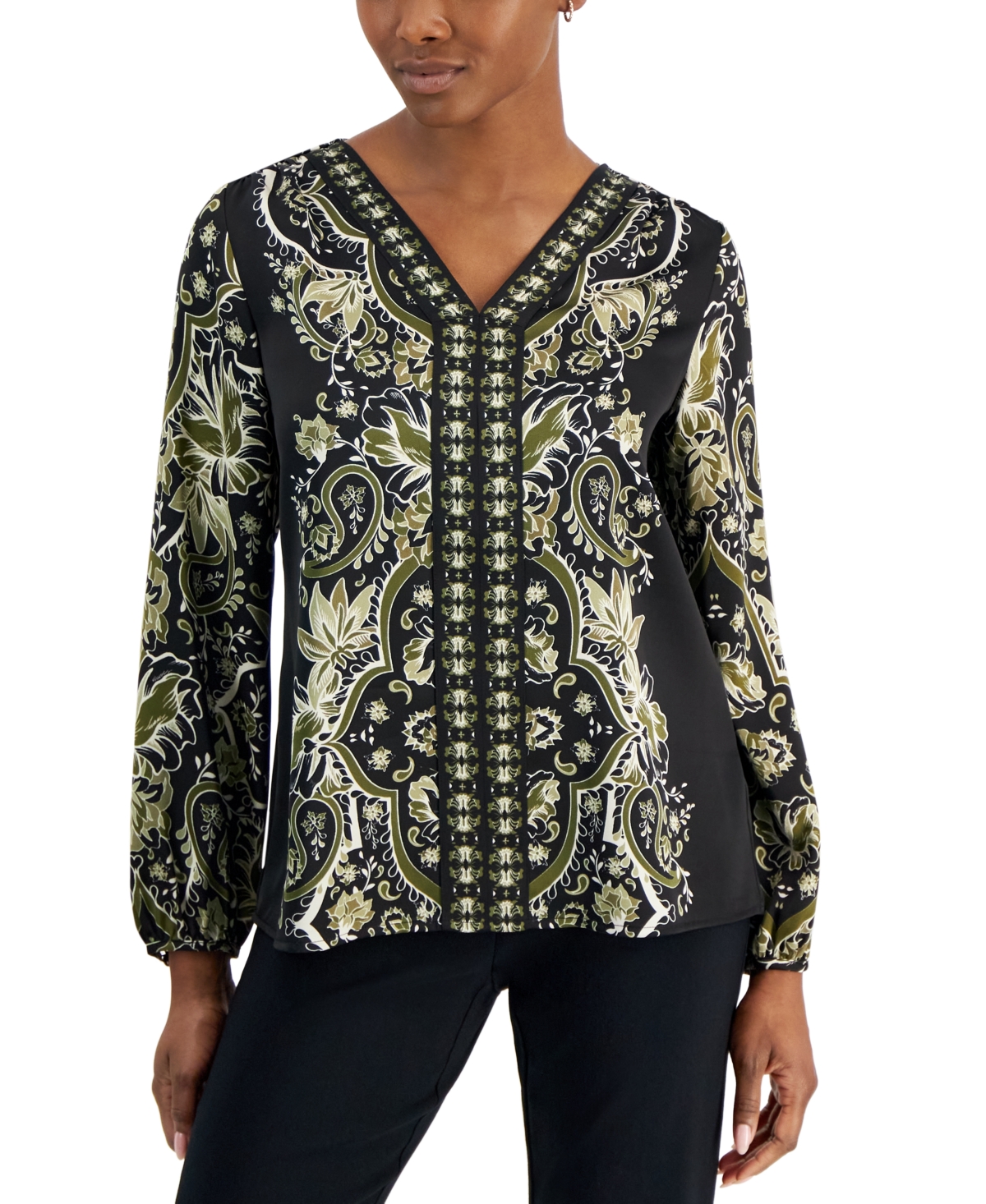 Jm Collection Petite Blooming Runner Placket Satin Top, Created For Macy's In Deep Black Combo