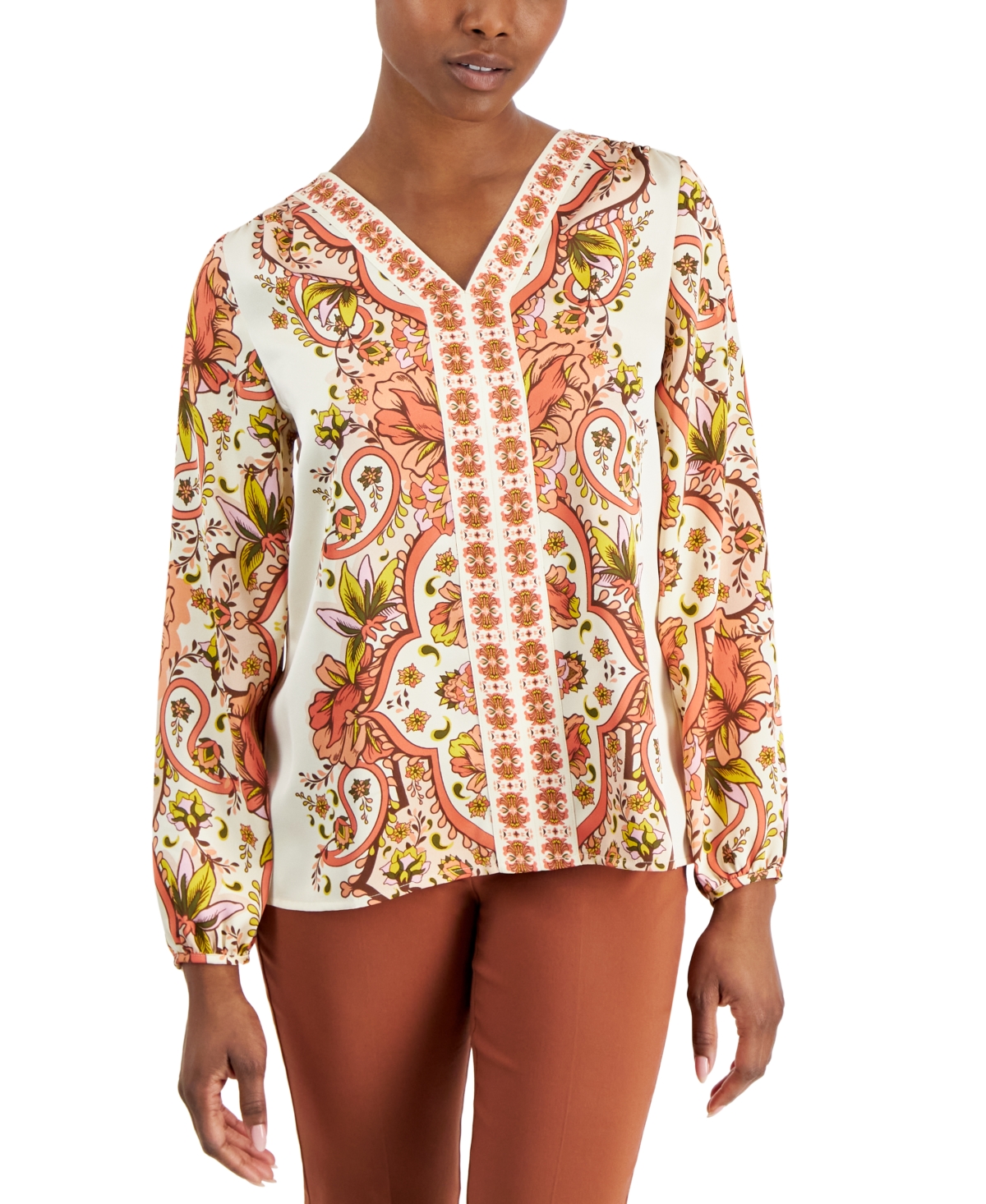 Jm Collection Petite Blooming Runner Placket Satin Top, Created For Macy's In Sandshell Combo