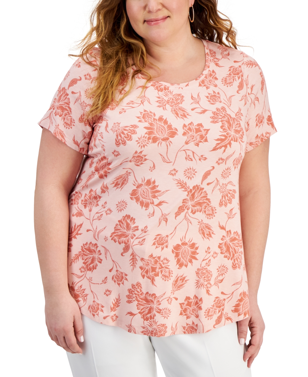 Jm Collection Plus Size Floral Print Short-sleeve Top, Created For Macy's In Rose Tint Combo