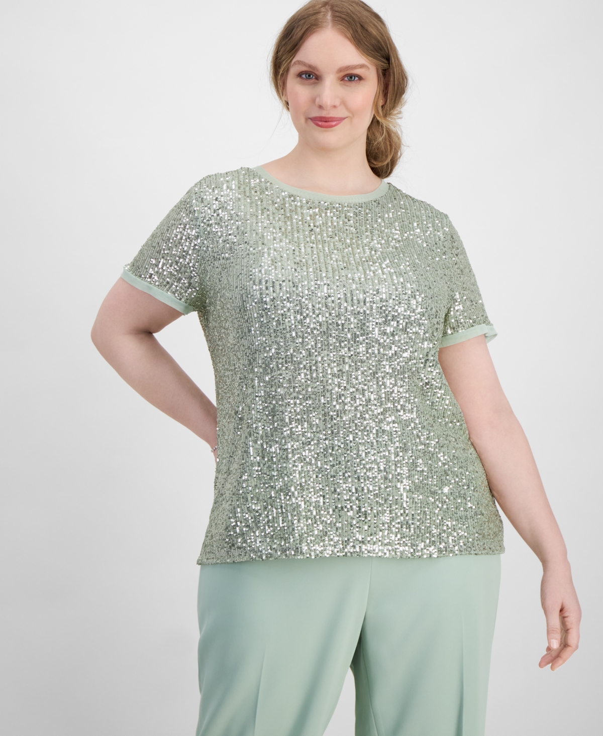 Plus Size Sequin-Embellished Short-Sleeve Top - Jade Stone