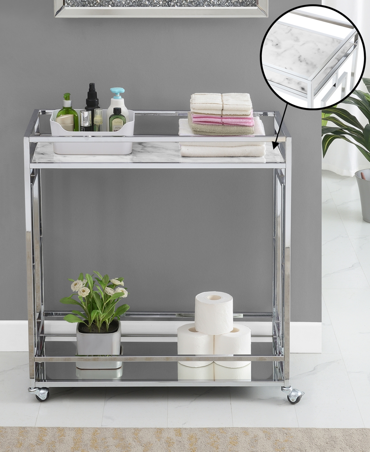 Convenience Concepts 29.25" Chrome Town Square Mirrored Bar Cart In White Marble,mirror,chrome