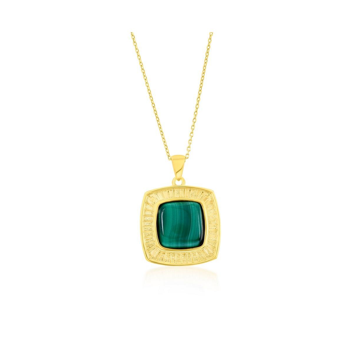 Sterling Silver Square Malachite Designed Pendant Necklace - Gold Plated - Green
