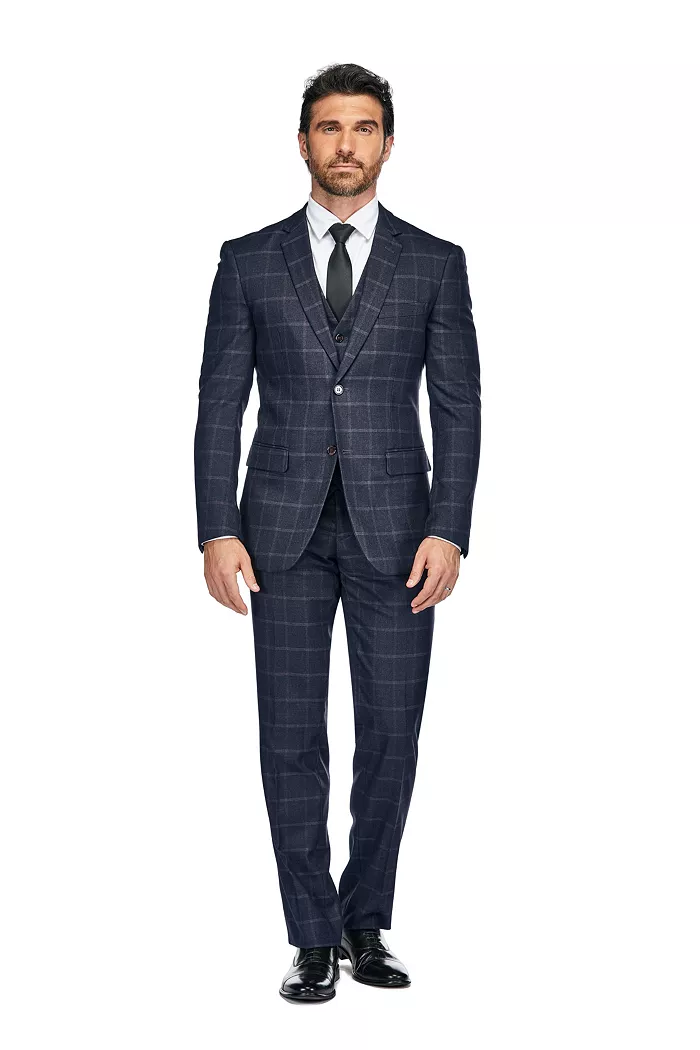 Men's 3-Piece Windowpane Plaid Slim Fit Suit