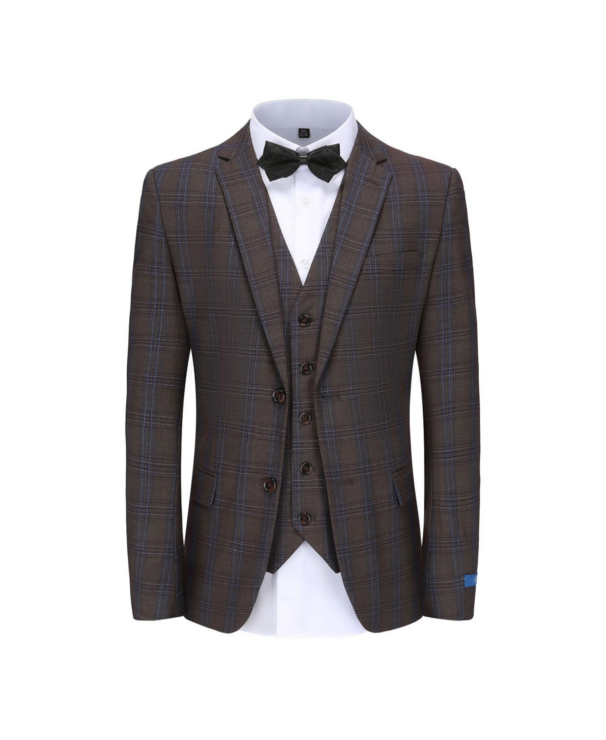 Men's 3-Piece Blue Contrast Check Plaid Slim Fit Suit - Brown