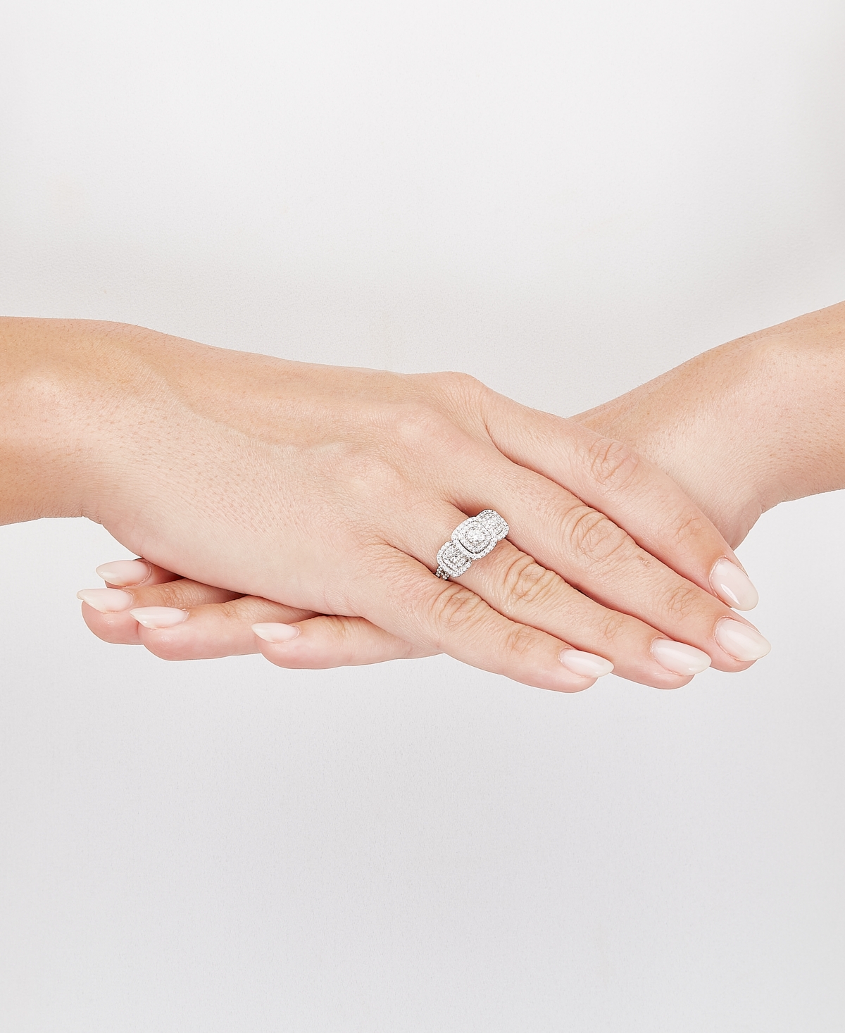 Diamond Halo Three Stone Ring (1 ct. t.w.) in 14k White Gold