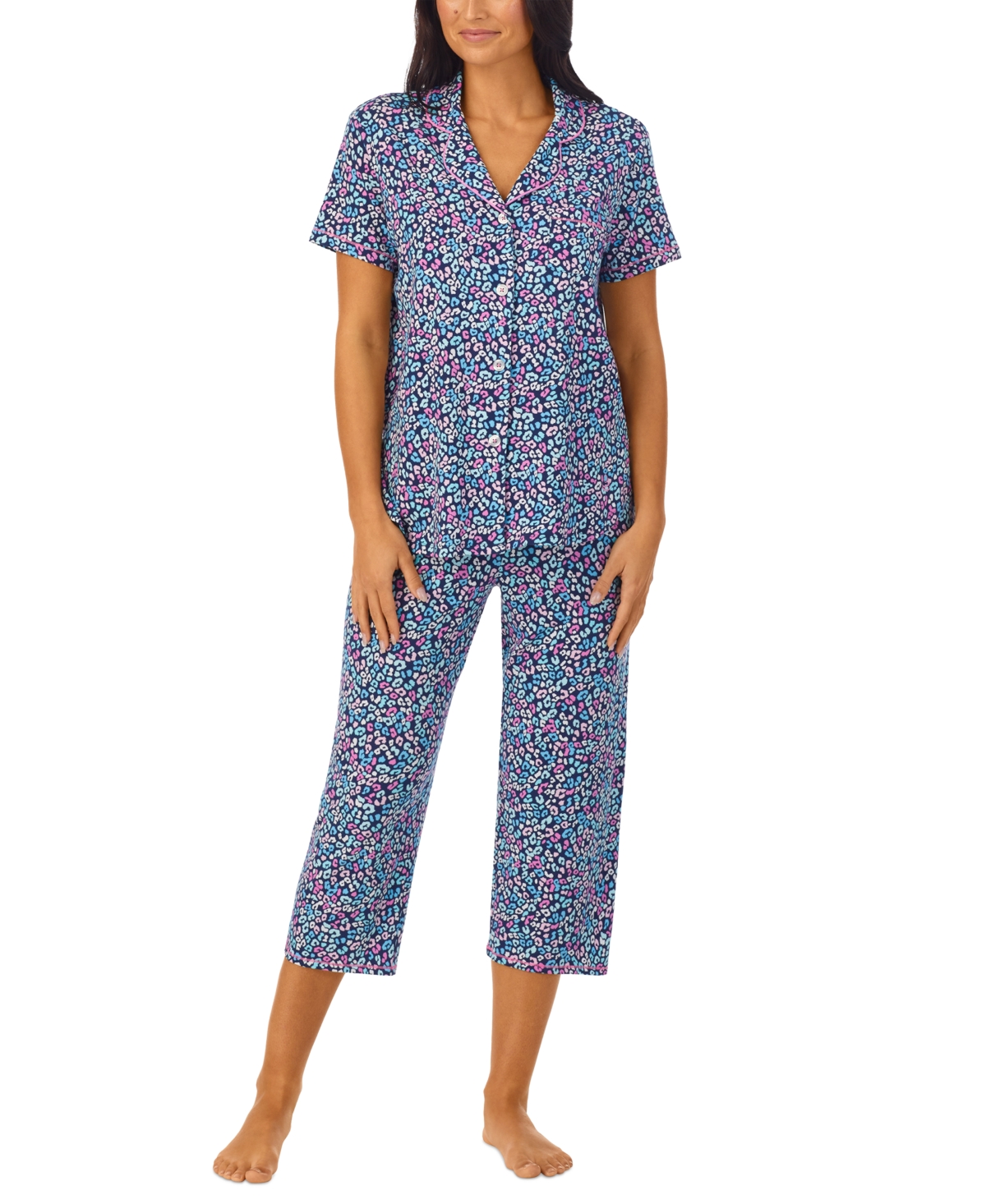 Cuddl Duds Women's 2-pc. Notched-collar Cropped Pajamas Set In Leopard
