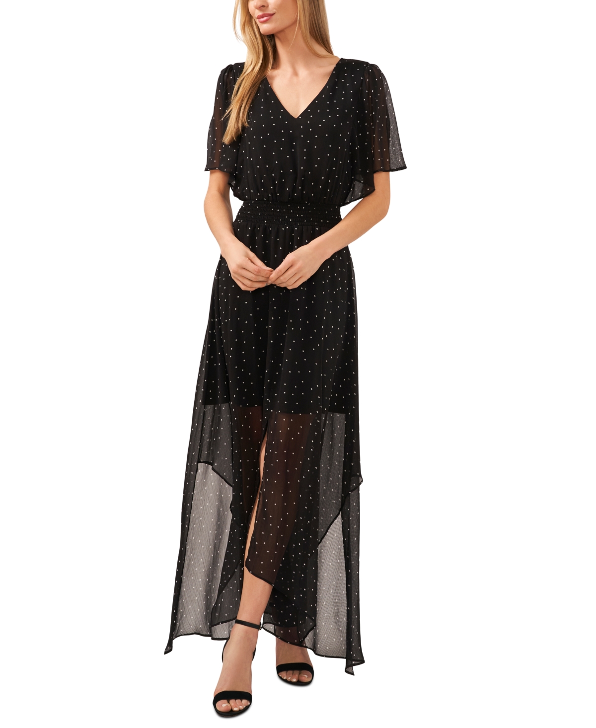 Cece Women's Polka Dot Flutter-sleeve Maxi Dress In Rich Black