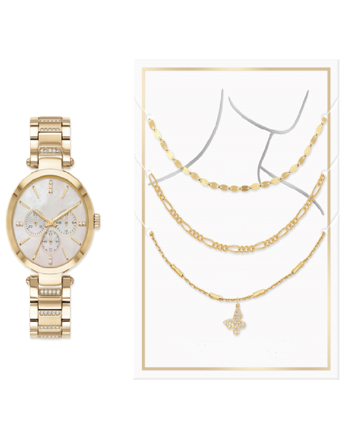 Women's Quartz Gold-Tone Alloy Watch 34mm Gift Set - Shiny Gold, White Mother of Pearl