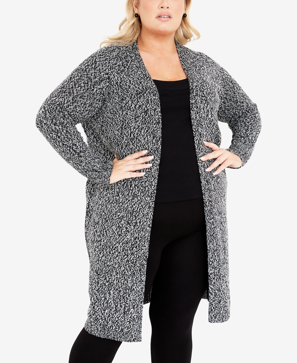 Avenue Plus Size Charmed Collarless Cardigan Sweater In Black