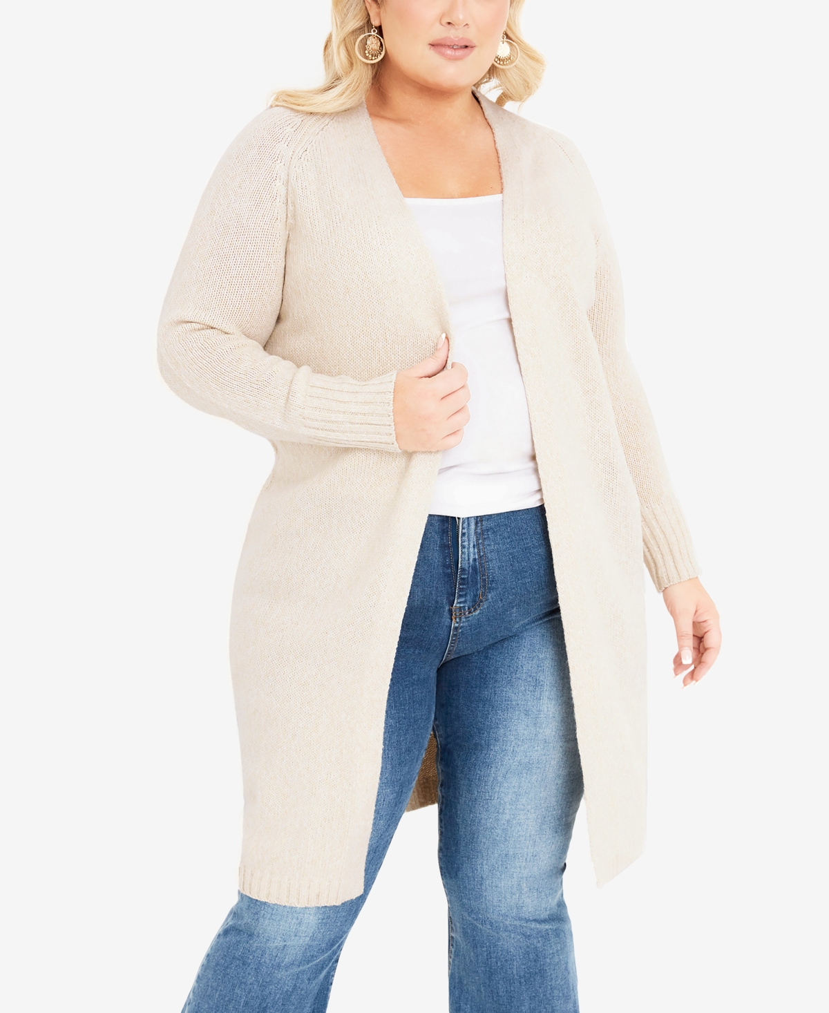 Avenue Plus Size Charmed Collarless Cardigan Sweater In Oatmeal
