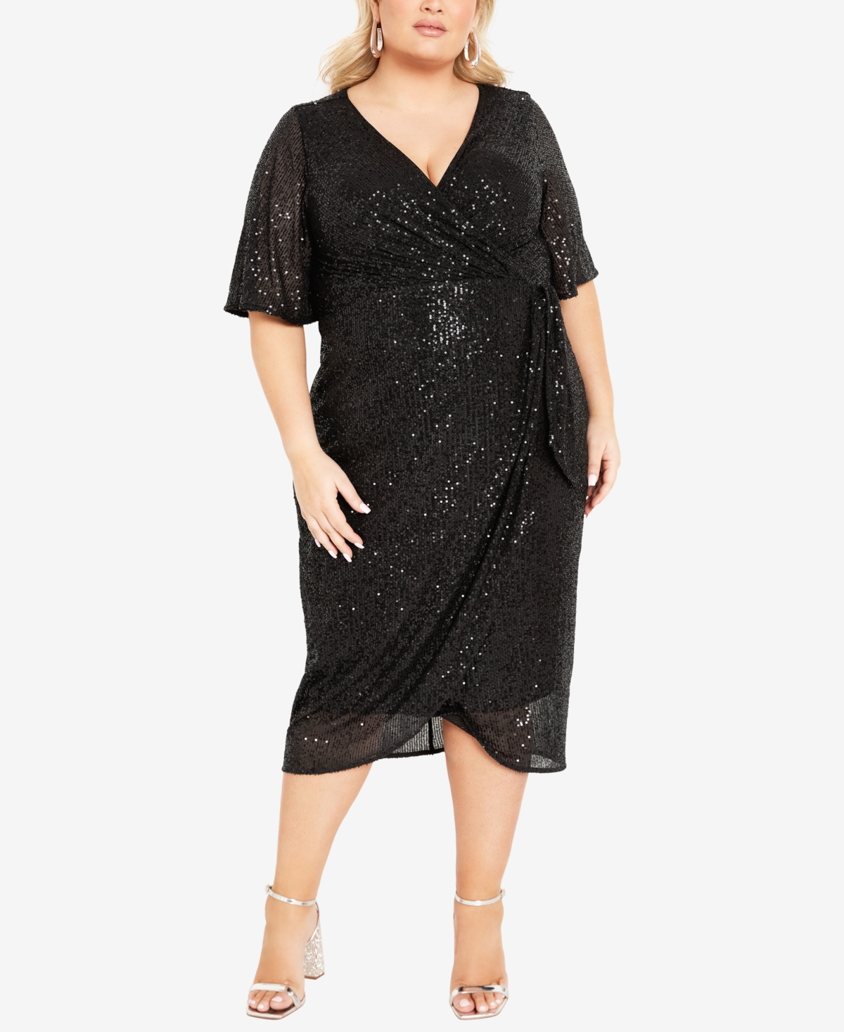 Avenue Plus Size Naomi Sequin Wrap Midi Dress In Black