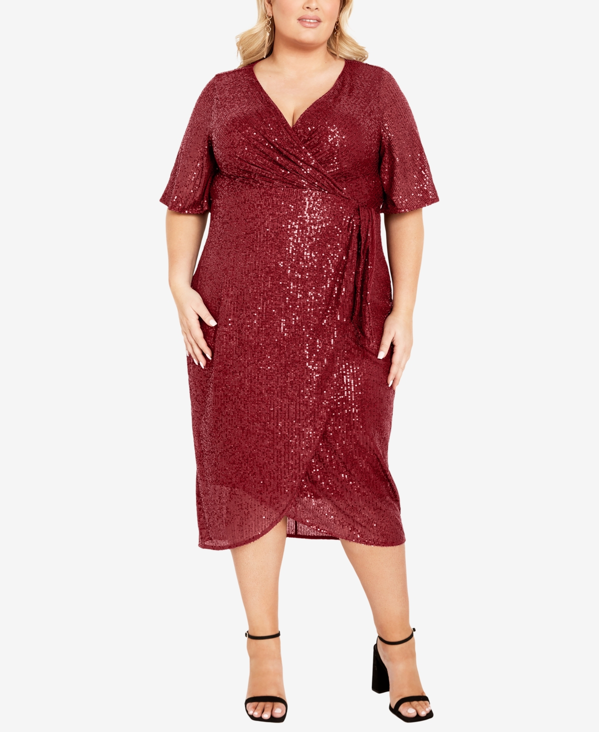 Shop Avenue Plus Size Naomi Sequin Wrap Midi Dress In Ruby