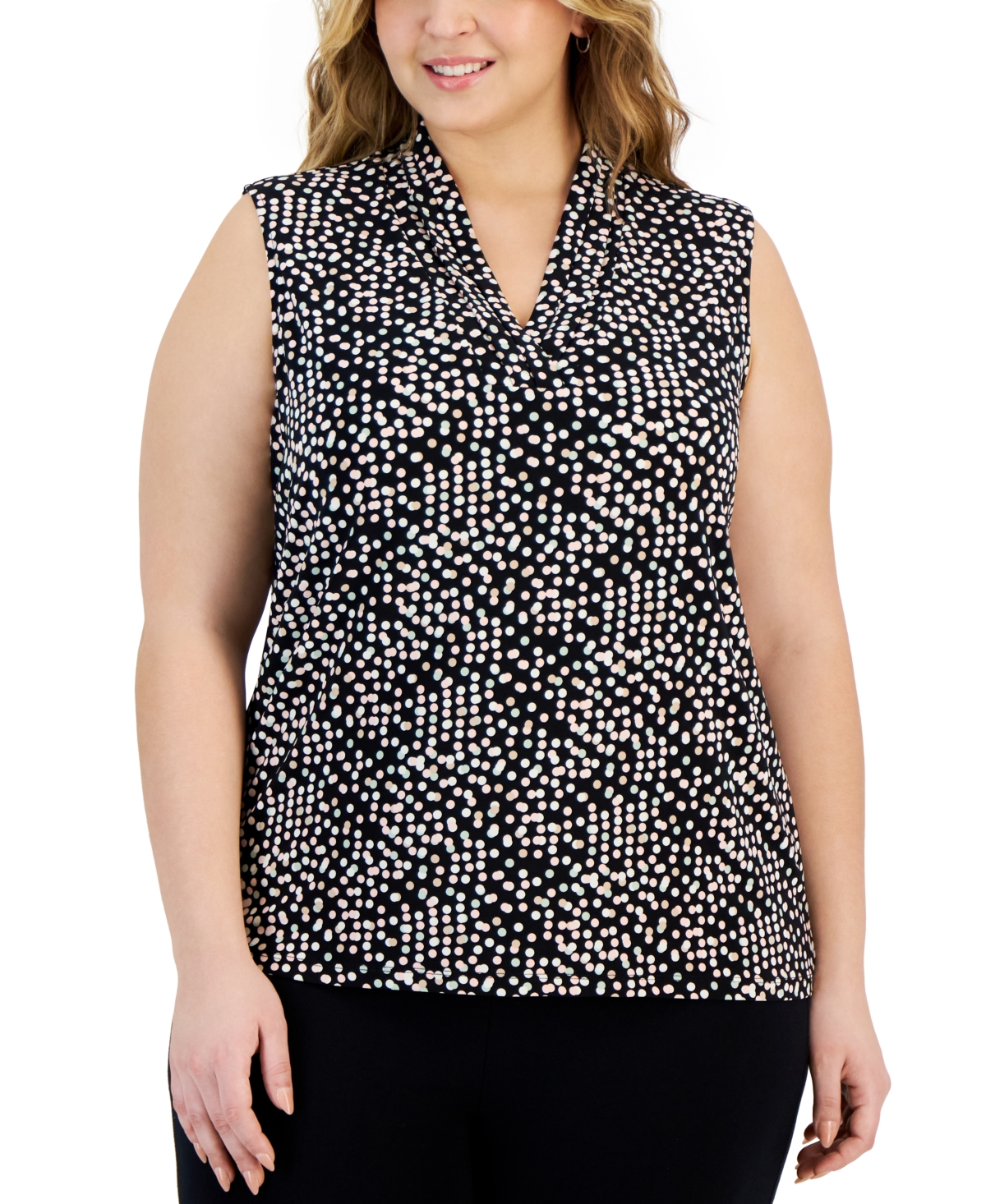 Anne Klein Plus Size Printed Triple-pleat Sleeveless Top In Cherry Blossom,anne Black