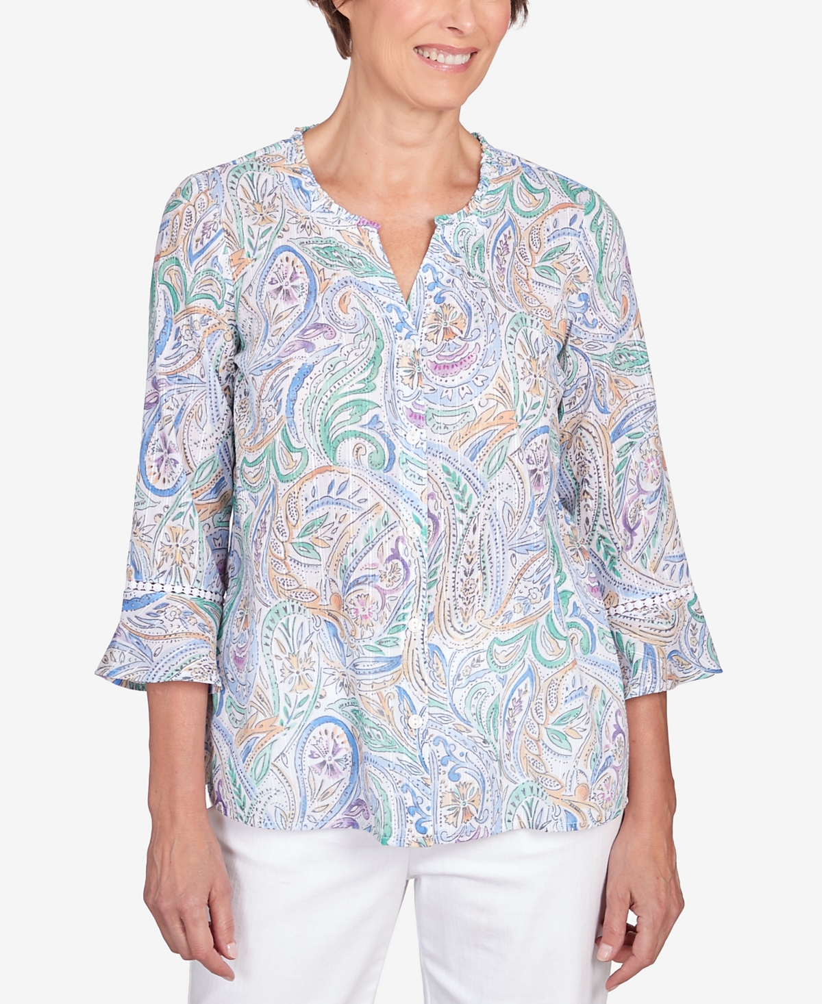 Shop Alfred Dunner Petite Classic Pastels Paisley Flutter Sleeve Button Front Top In Multi