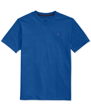 Shop Tommy Hilfiger Big Boys' Solid Embroidered Logo V-neck Tee In Blue Jean